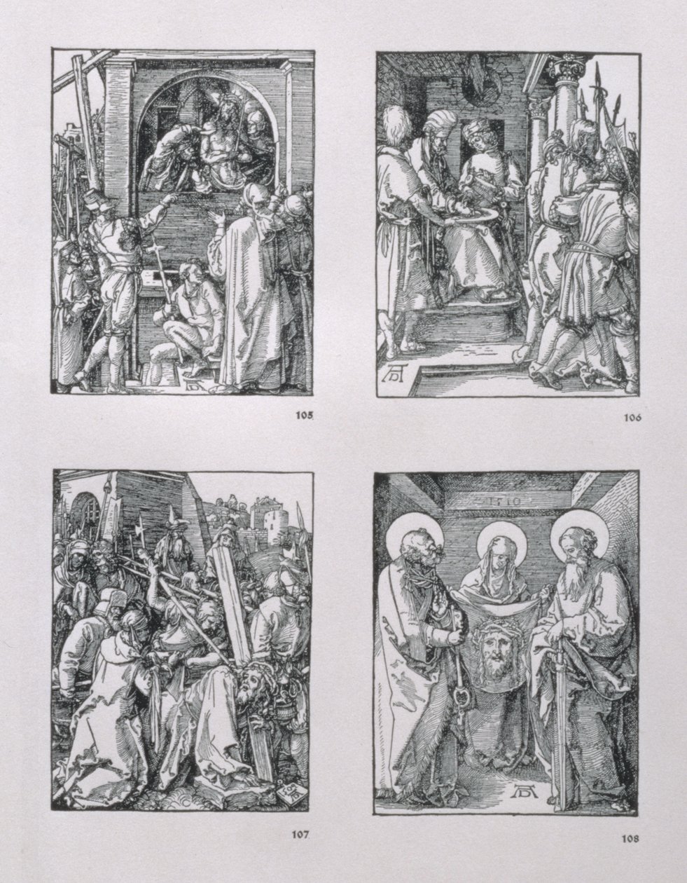 A série &39;Small Passion&39; (sentido horário): Ecce Homo; Pilatos lavando as mãos; Cristo carregando a cruz; St. Veronica com o Sudarium entre SS. Pedro e Paulo, datado de 1510, pub. 1511 de Albrecht Dürer