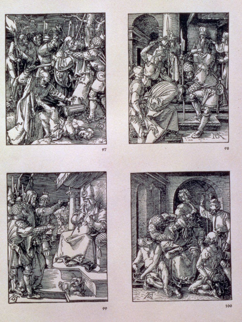 A série &39;Small Passion&39; (sentido horário): A traição de Cristo; Cristo antes de Anás; Cristo diante de Caifás; a zombaria de Cristo, pub. 1511 de Albrecht Dürer