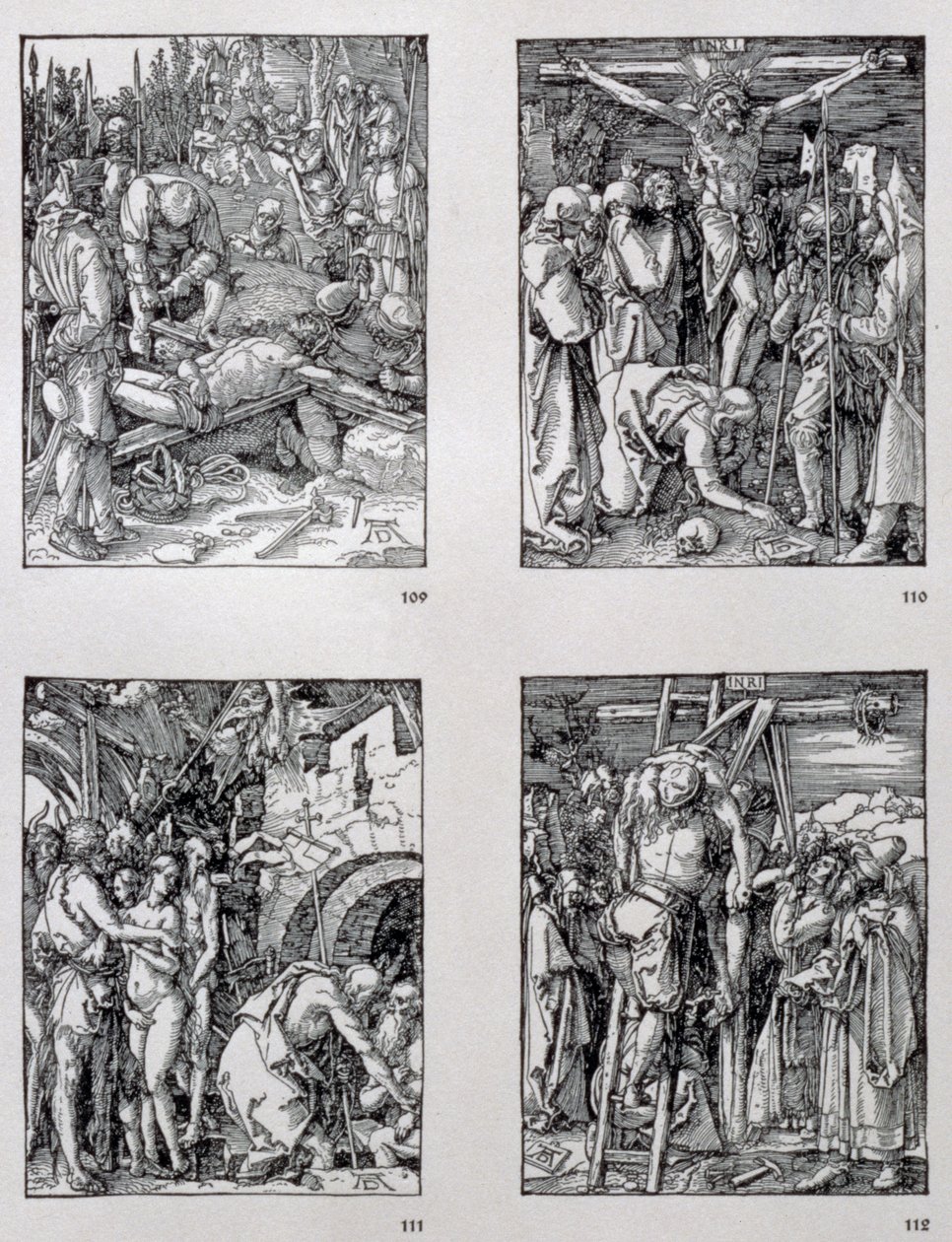 A série &39;Small Passion&39; (no sentido horário) The Nailing to the Cross; Crucificação; Cristo no limbo; A descida da cruz, pub. 1511 de Albrecht Dürer