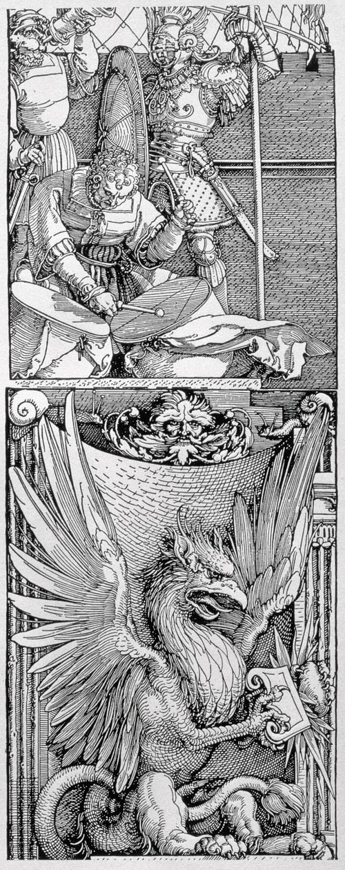 O Arco do Triunfo do imperador Maximiliano I (1459-1519): detalhe do enfeite pilar mostrando um grifo alado abaixo de uma figura que bate dois tambores, um cavaleiro de armadura e um arauto, datado de 1515, pub. 151 de Albrecht Dürer