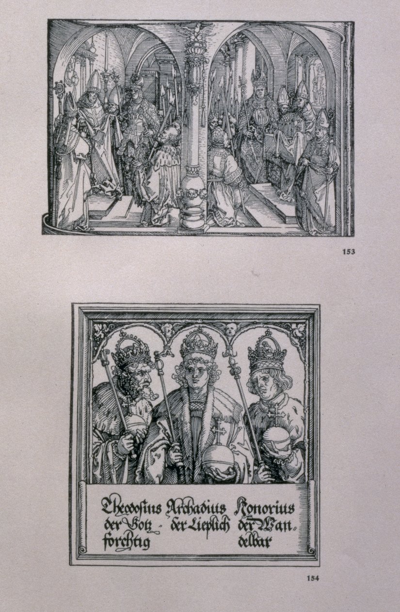O arco triunfal do imperador Maximiliano I (1459-1519): detalhe mostrando dois painéis, (em cima) um evento na vida de Maximiliano e (em baixo) o imperador romano Teodósio I, o Grande (c.346-395) e seu t de Albrecht Dürer