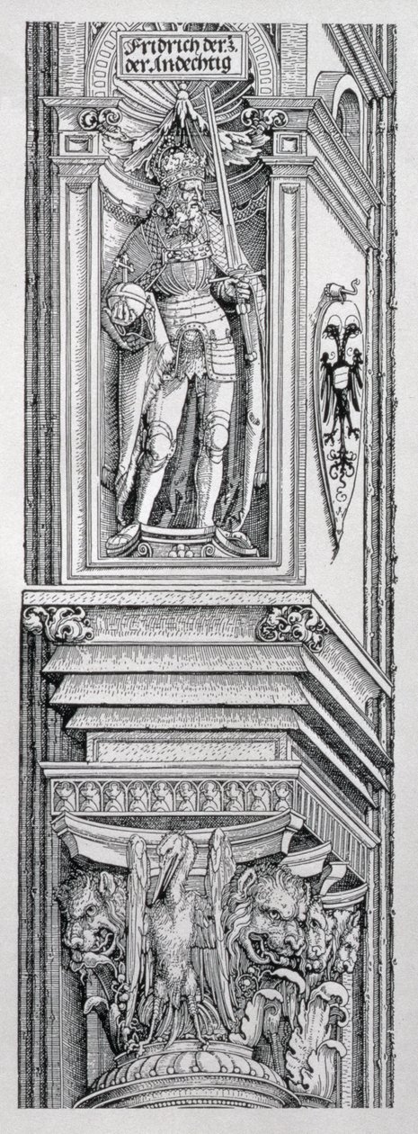 O arco triunfal do imperador Maximiliano I da Alemanha (1459-1519): detalhe do esquema decorativo para a seção central mostrando uma estátua de Frederico III da Alemanha (1415-93), o pai do imperador Maximil de Albrecht Dürer