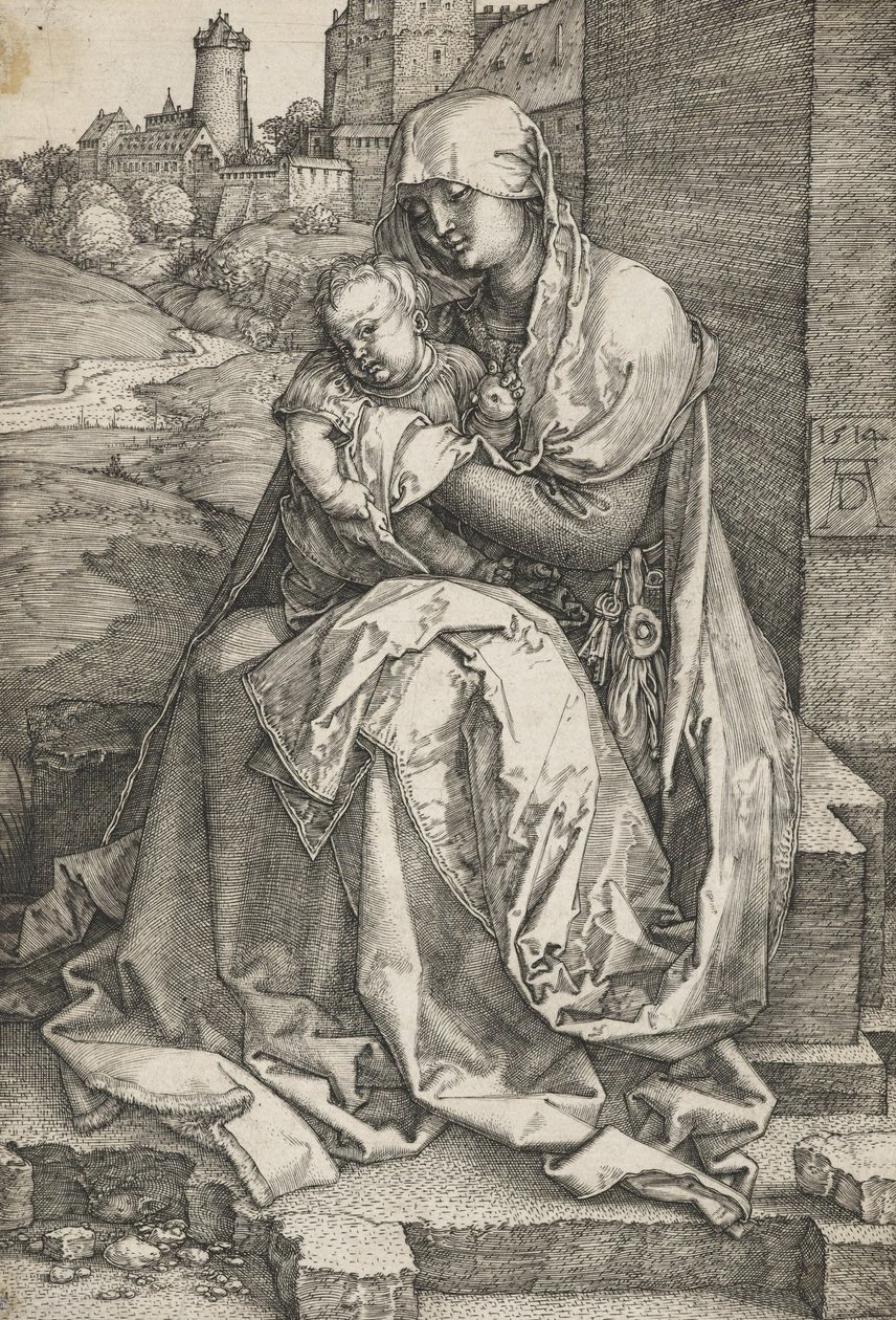A virgem sentado por uma parede de Albrecht Dürer