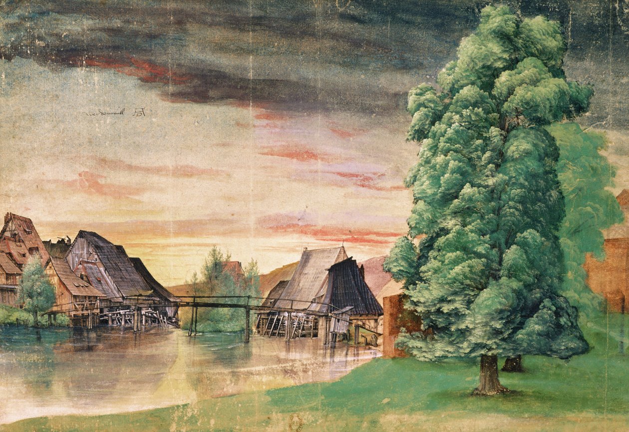 The Watermill, 1495-97 (caneta e tinta, guache e wc no papel) de Albrecht Dürer