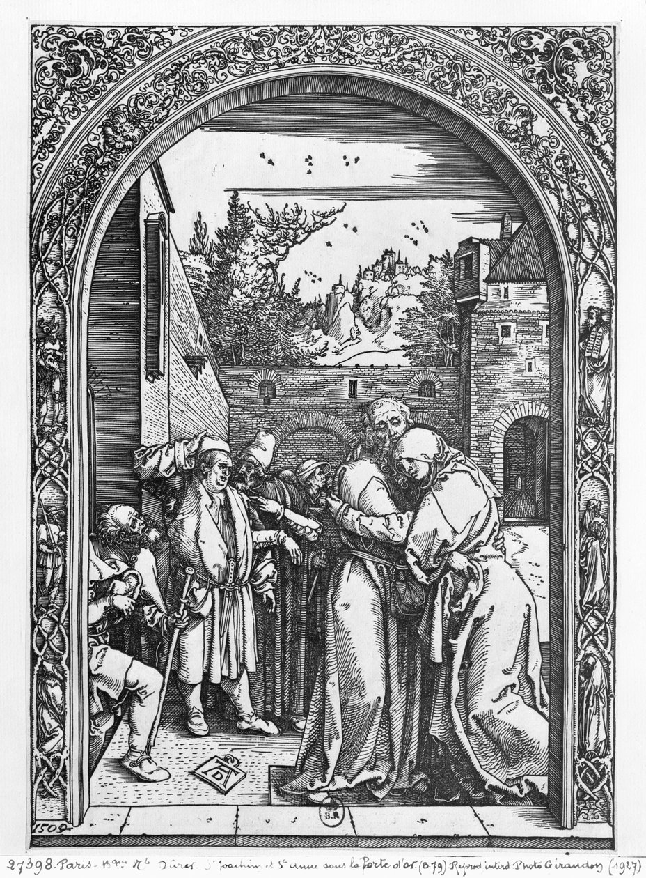 O encontro de Santa Ana e São Joaquim no Portão Dourado, da série "A Vida da Virgem", 1504 de Albrecht Dürer