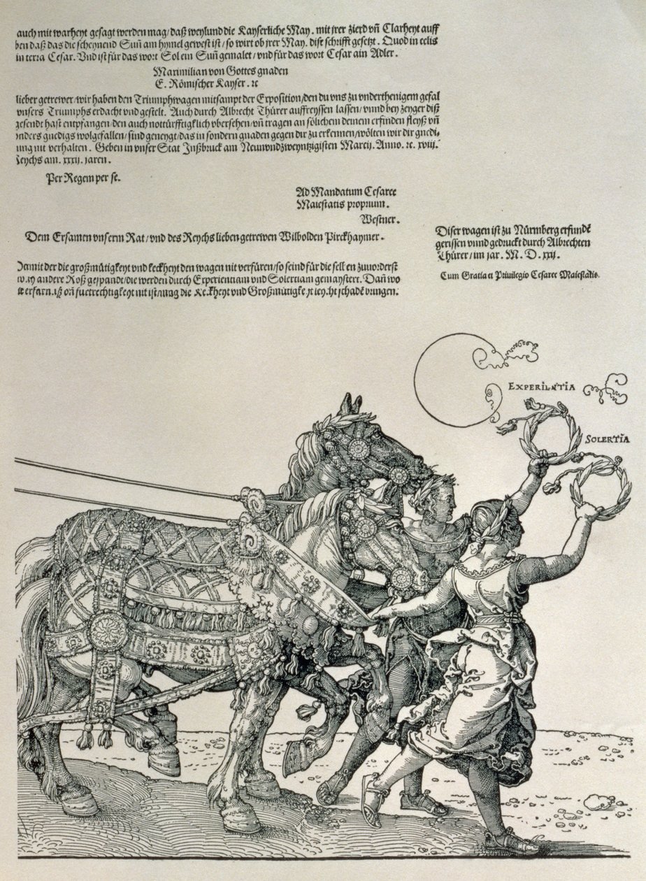 Carruagem Triunfal do Imperador Maximiliano I, Imperador da Alemanha (1459-1519): detalhe das equipes de cavalos, guiado por duas Virtudes, Diligência e Esforço, pub. c.1518 de Albrecht Dürer