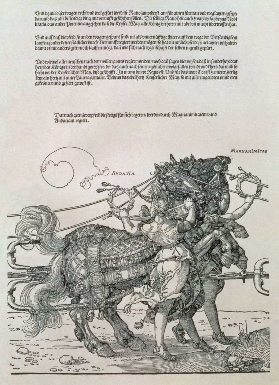 Carruagem Triunfal do Imperador Maximiliano I da Alemanha (1459-1519): detalhe das equipes de cavalos, guiado por duas Virtudes, Magnanimidade e Audácia de Albrecht Dürer