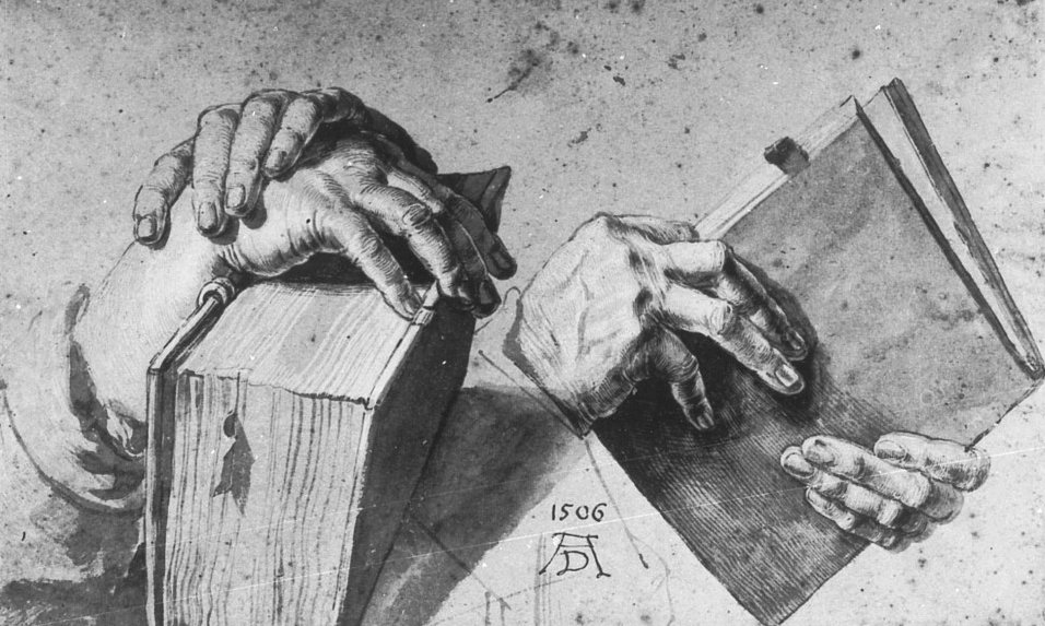Dois pares de mãos com livro de Albrecht Dürer
