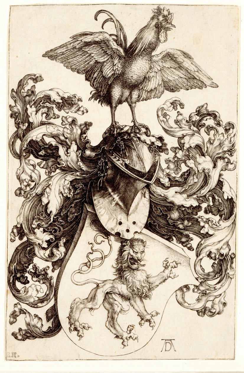 Brasão de Armas com um Leão e um Galo, 1502-03 de Albrecht Dürer