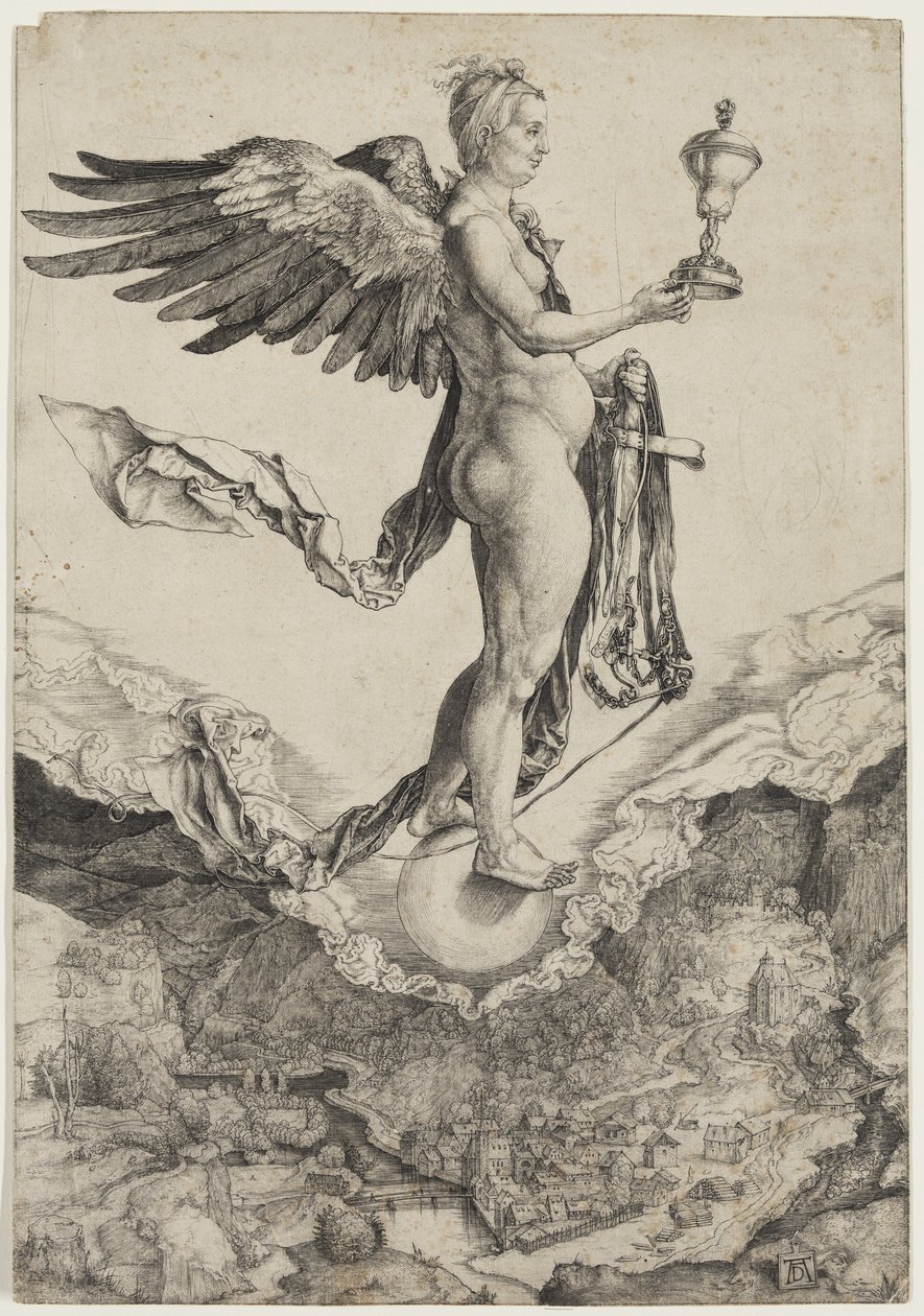 Nêmesis, entre 1501 e 1502 (gravura impressa em tinta preta sobre papel) de Albrecht Dürer
