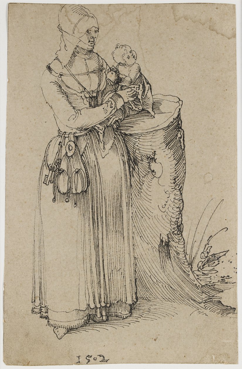 Figura em pé de uma mulher segurando uma criança, 1502 (caneta e nanquim sobre papel castanho descolorido) de Albrecht Dürer