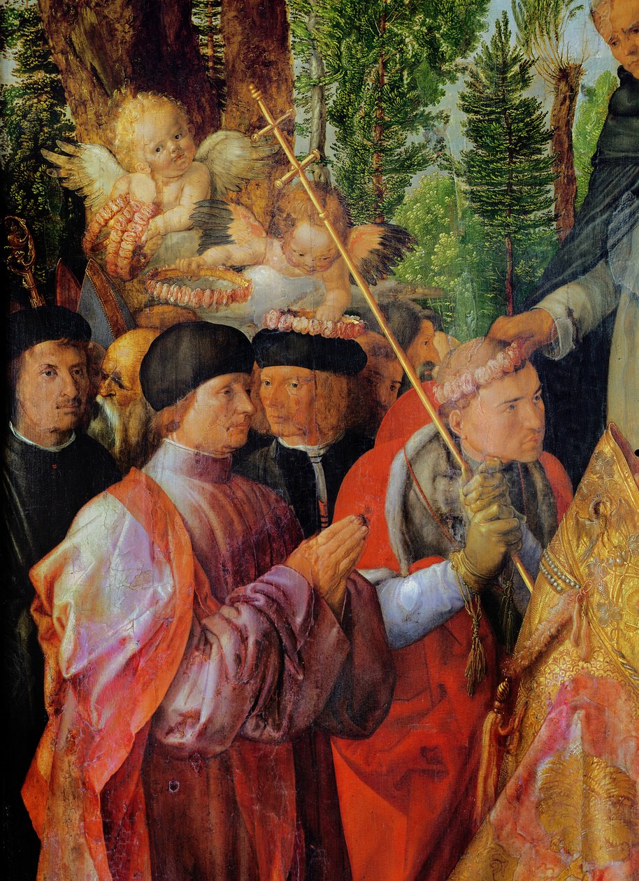 O Festival dos Jardins das Rosas, detalhe à esquerda: rezando, 1506 (óleo sobre madeira) de Albrecht Dürer