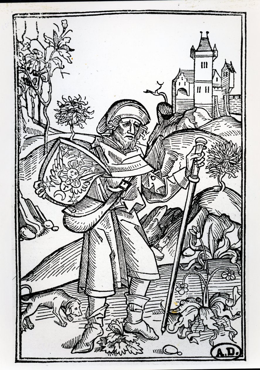 O peregrino com seu cachorro na frente de um castelo, ilustração frontispício da segunda parte da Ópera de Johannes Gerson, publicado em Basel, 1489 de Albrecht Dürer