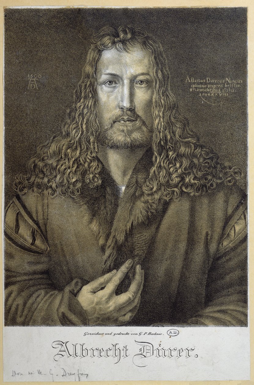 Auto-retrato com idade entre 28 e 1500, gravado por GP Buchner de Albrecht Dürer