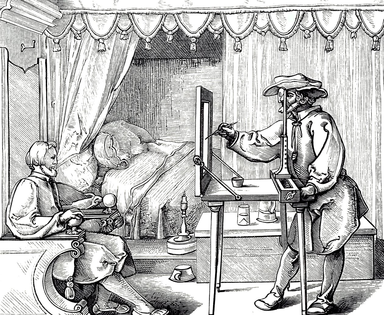Uma gravura de xilogravura representando um artista usando um auxílio de desenho para obter as proporções de um retrato correto. Gravura de Albrecht Dürer (1471-1528), pintor, gravador e teórico da Renascença alemão. de Albrecht (after) Durer or Duerer