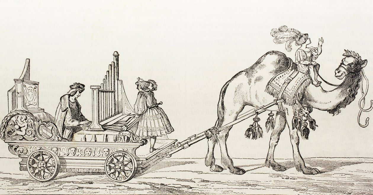 O Organista Paul Hoffaner Tocando em um carro desenhado por um camelo, c.1880 (gravura) de Albrecht (after) Durer or Duerer