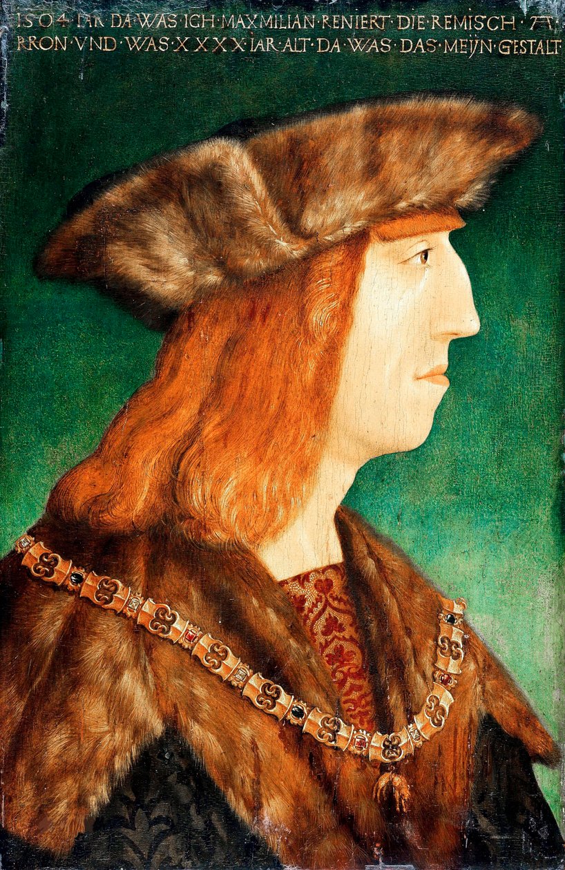"Retrato do Imperador Maximiliano I de Habsburgo (1459-1519), Santo Imperador Romano" Pintura da oficina de Albrecht Durer (1471-1528), depois de 1504 - Óleo sobre madeira, 54,6x36,1 - Staatliche Museen, Berlim de Albrecht (follower of) Durer or Duerer