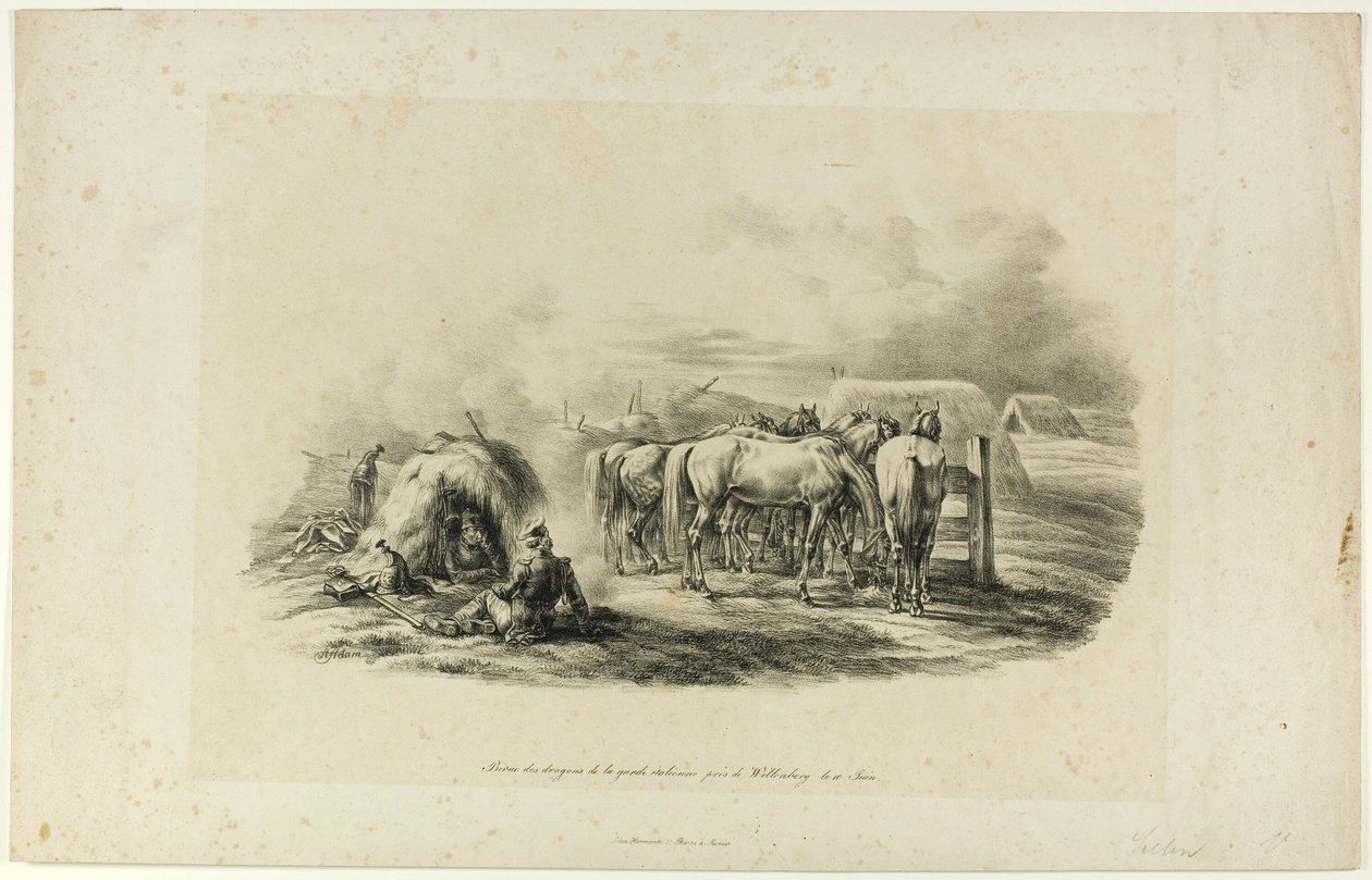 Bivouac dos Dragões da Guarda Italiana perto de Wittenberg no dia dez de junho de Albrecht Adam