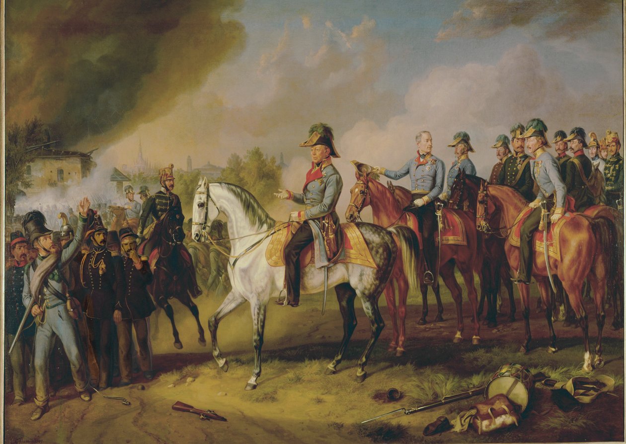 O marechal de campo Johann Joseph Wenzel Radetzky e o seu estado-maior antes de Milão ... (pintura sobre tela) de Albrecht Adam