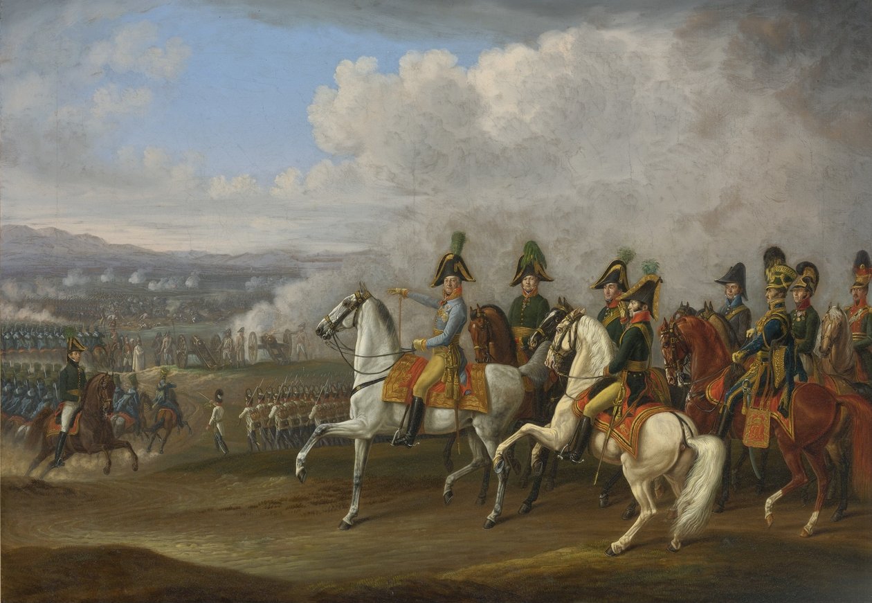 O General von Bellegarde e os seus oficiais a observar uma batalha de Albrecht Adam