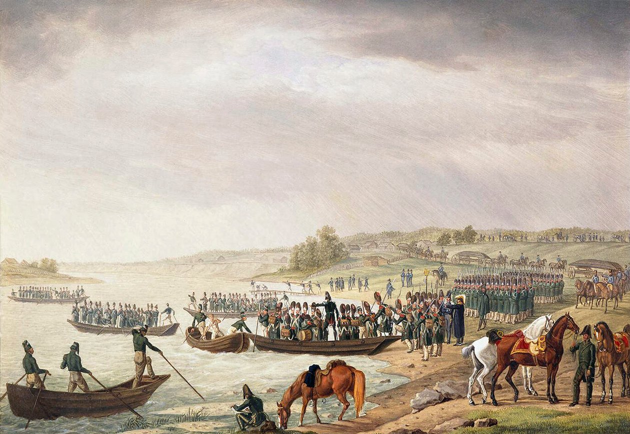 Corpo italiano de Eugene de Beauharnais, atravessando o Niemen em 30 de junho de 1812, 1815. de Albrecht Adam