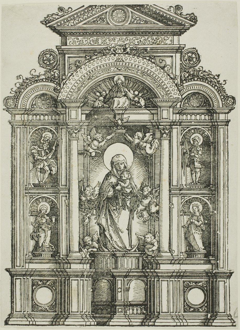 Retábulo com a bela Virgem de Ratisbona e os santos Cristóvão, Maria Madalena, Floriano e Catarina em nichos, com Deus Pai no alto de Albrecht Altdorfer