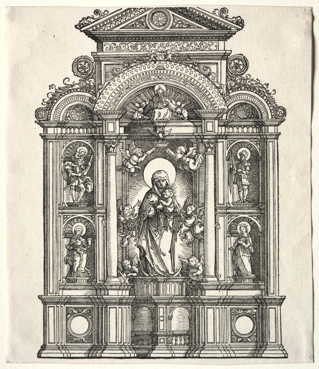 Grande altar com a Virgem, em uma fronteira com a SS. Christopher, George, Barbara, Catherine, 1520. de Albrecht Altdorfer