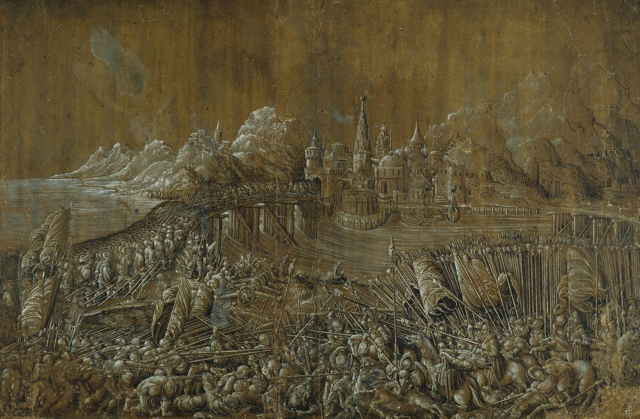 Landaknechten, Battle on a Bridge (caneta e tinta com guache sobre papel) de Albrecht Altdorfer