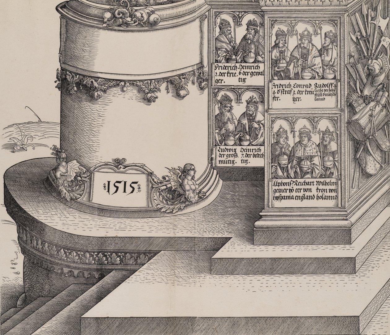 Retratos dos parentes de Maximiliano e a base da coluna externa esquerda com a data 1..., 1515. de Albrecht Altdorfer