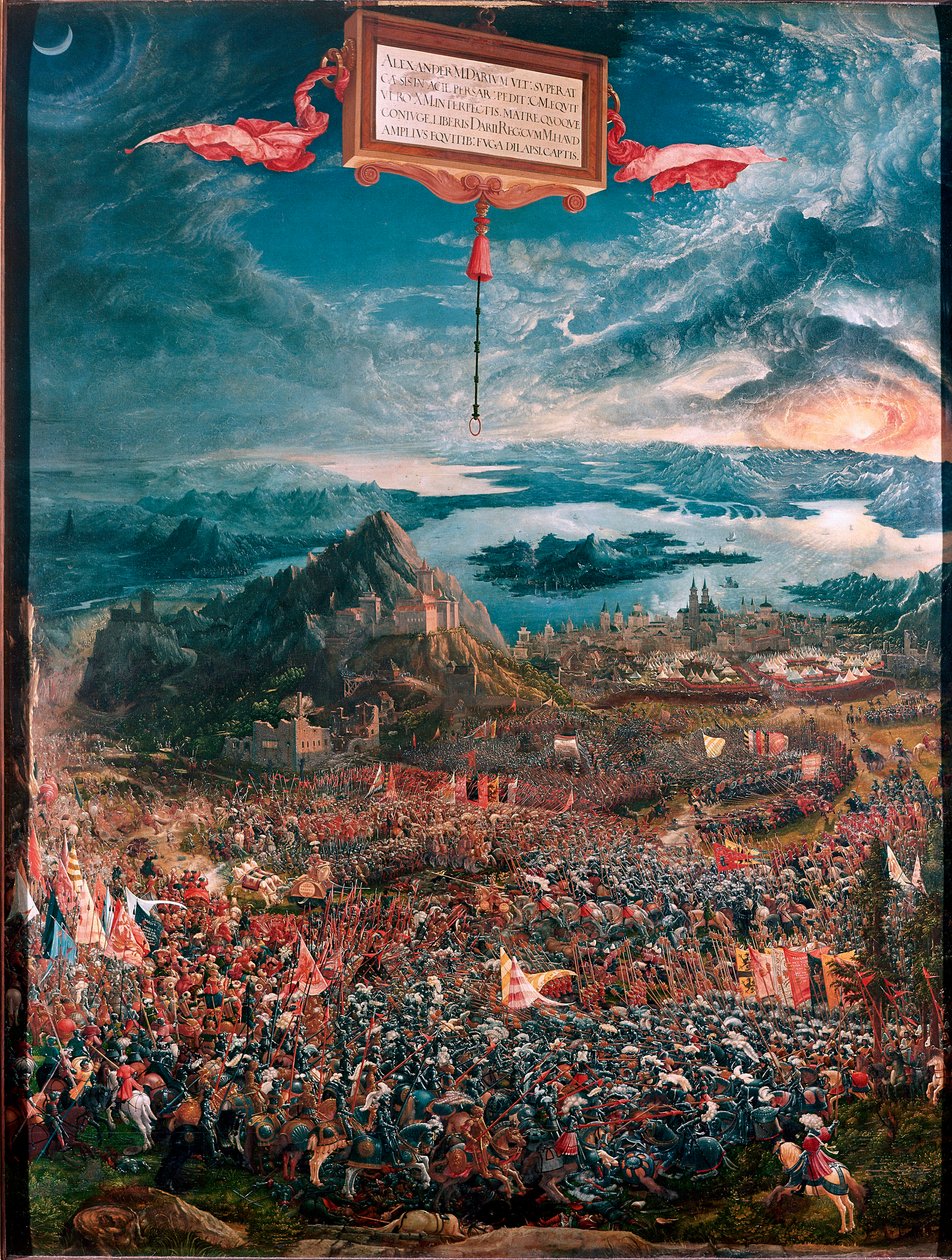 A Batalha de Issos (ou Issos) ganha por Alexander the Great em 333 AC Pintura de Albrecht Altdorfer (1480-1538) 1529 Dim 158x120 cm Munique, Alte Pinakothek - A Batalha de Issos (333 AC) - Pintura de Albrecht Altdorfer (1480-1538), óleo sobre madeira de Albrecht Altdorfer