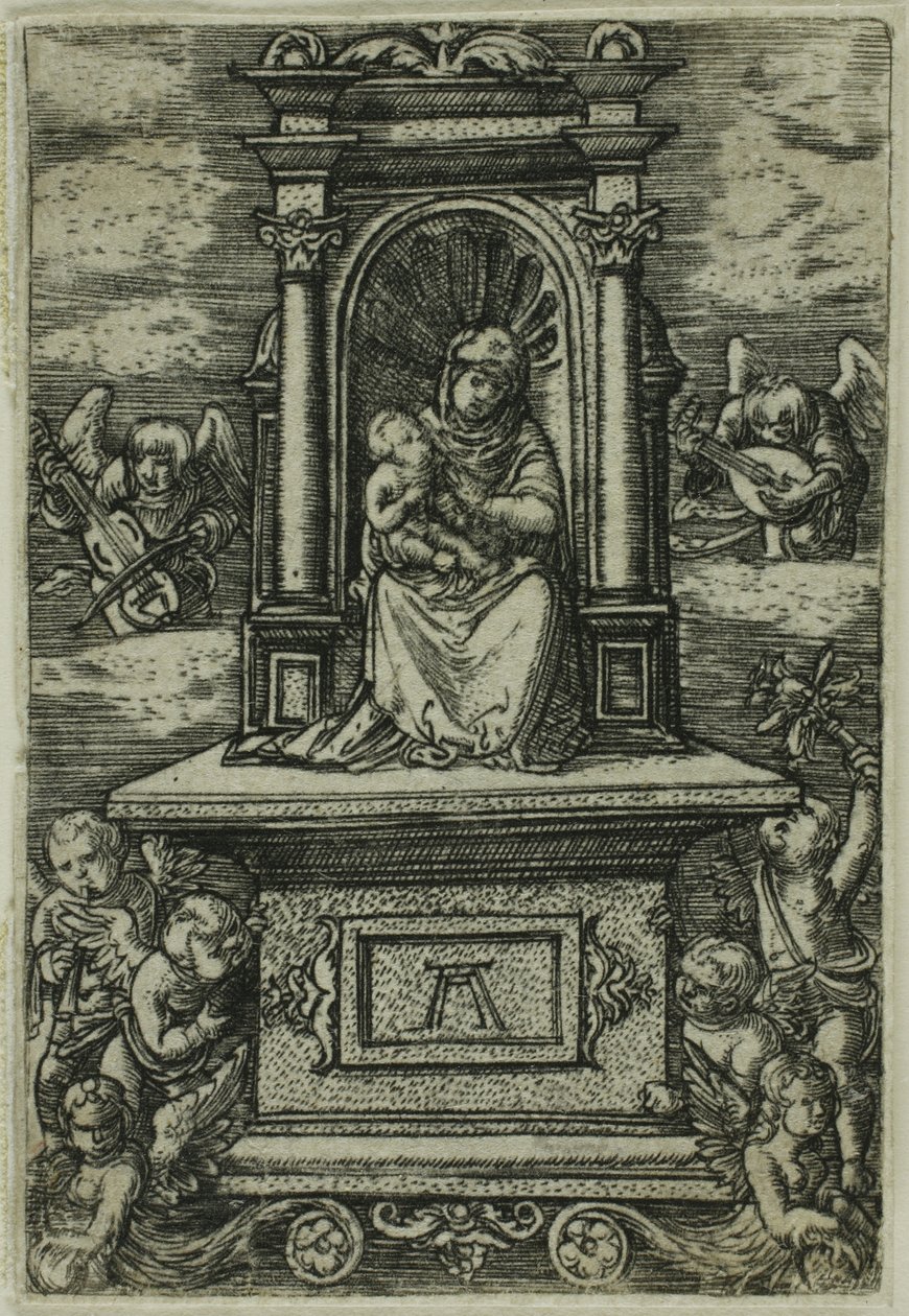 "A bela Virgem de Regensburg" com o Menino num trono, rodeado de anjos com instrumentos musicais de Albrecht Altdorfer