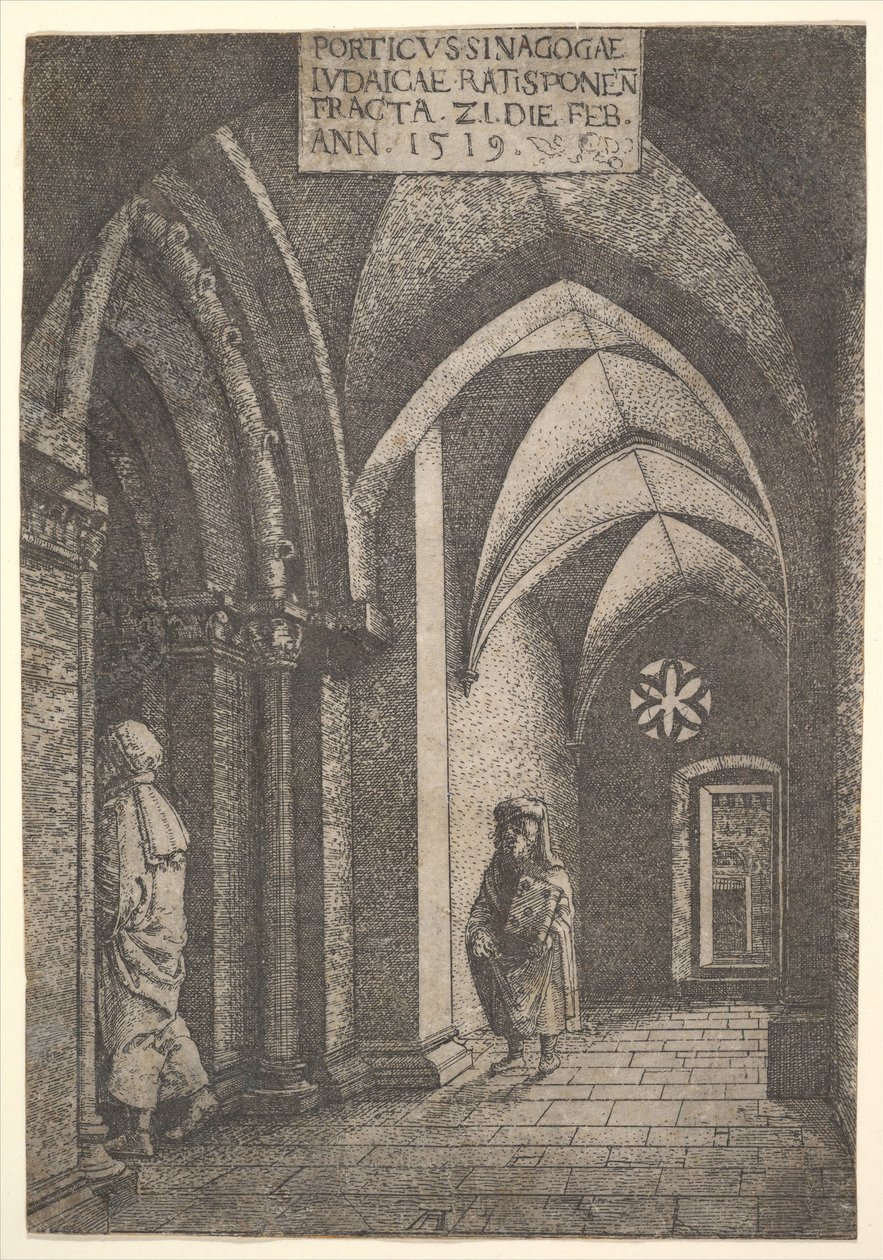 O hall de entrada da sinagoga de Regensburg, 1519. de Albrecht Altdorfer