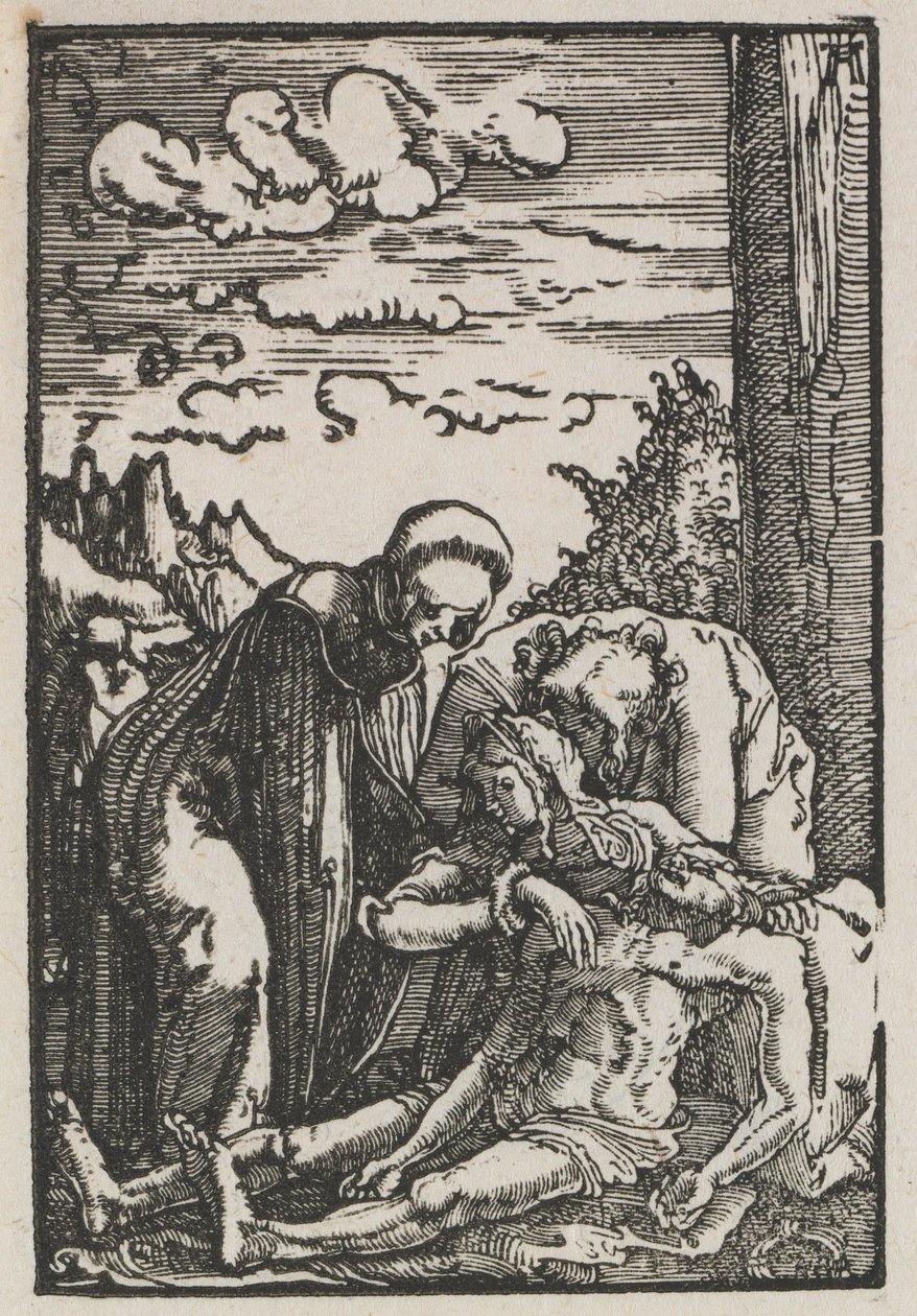 A queda e redenção do homem: a lamentação debaixo da cruz, c. 1515 de Albrecht Altdorfer