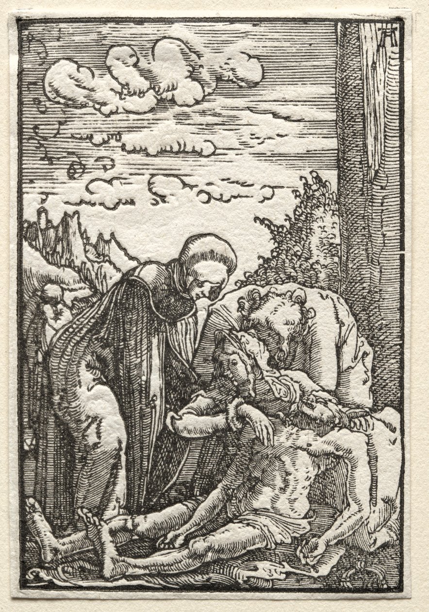 A queda e redenção do homem: a lamentação debaixo da cruz, c. 1515 de Albrecht Altdorfer