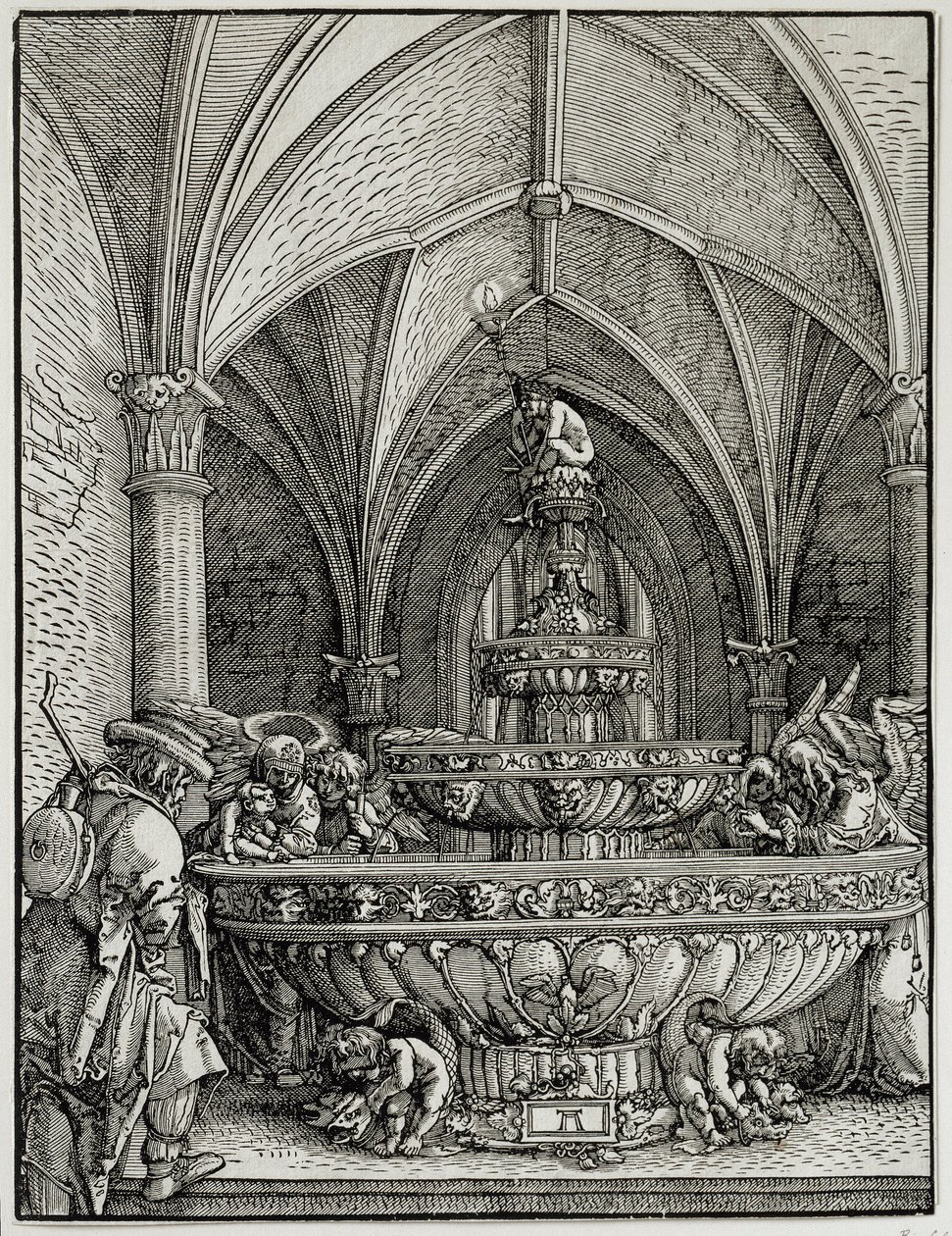 A Sagrada Família tem a fonte. Gravura do alemão Albrecht Altdorfer (1480-1538). Museu do Louvre de Albrecht Altdorfer