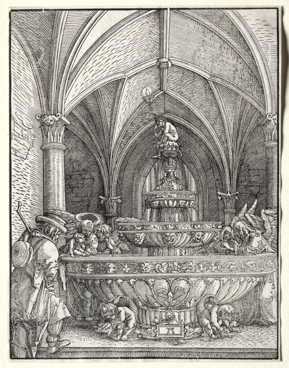 A Sagrada Família na fuga para o Egito em uma fonte de Albrecht Altdorfer