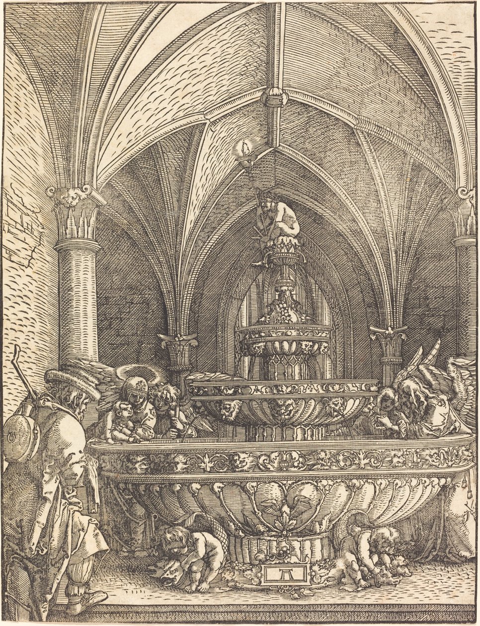 O descanso na fuga para o Egito em uma fonte de Albrecht Altdorfer