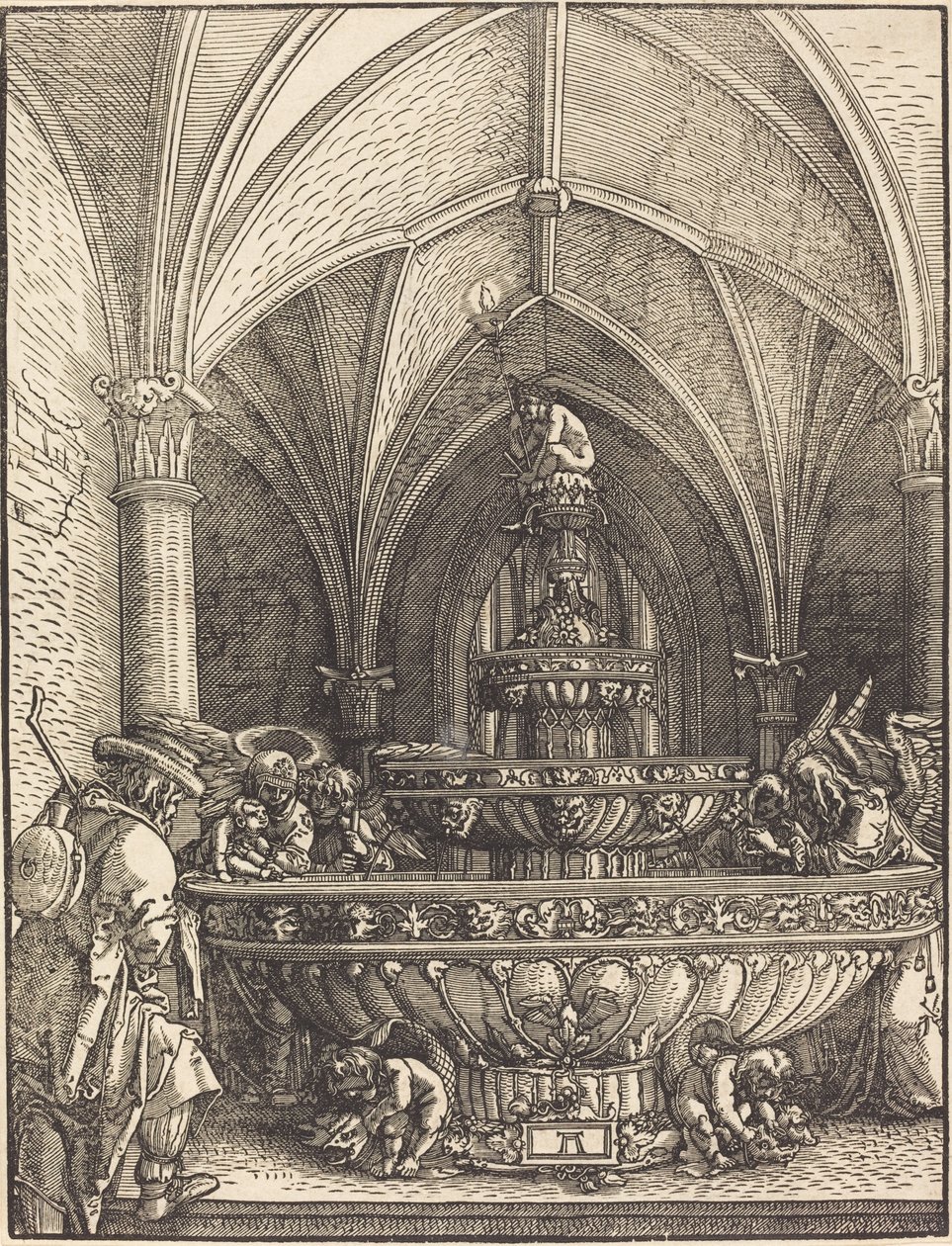 O descanso na fuga para o Egito em uma fonte de Albrecht Altdorfer