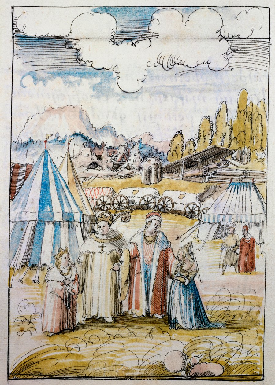 O futuro imperador Maximiliano I, liderado pelo seu pai, Friedrich III, encontra-se com a sua noiva, Maria de Borgonha, em Neuss ... de Albrecht Altdorfer