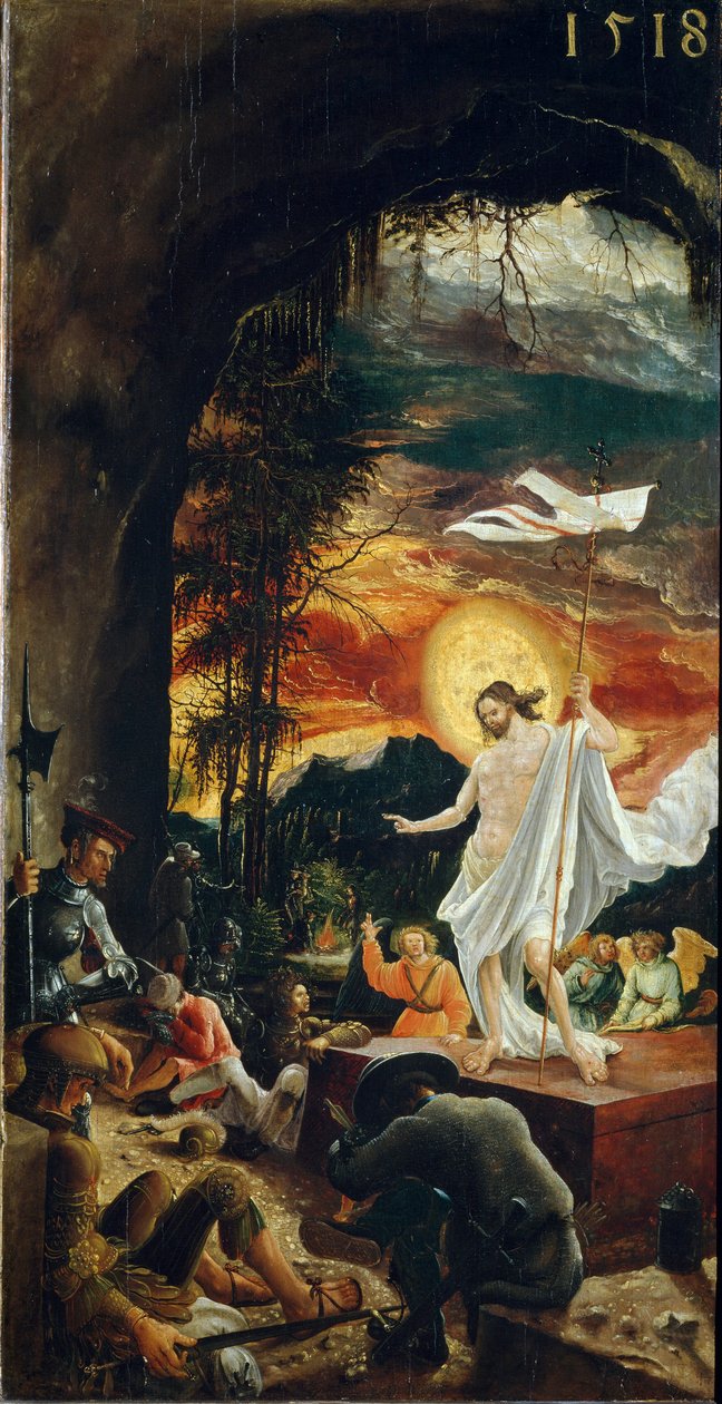 A ressurreição de Cristo Ele segura uma vara cruz no final da qual flutua uma bandeira branca (padrão). Pintura de Albrecht Altdorfer (ca. 1480-1538) 1518 Dim. 70x37 cm Vienna Kunsthistorisches Museum de Albrecht Altdorfer