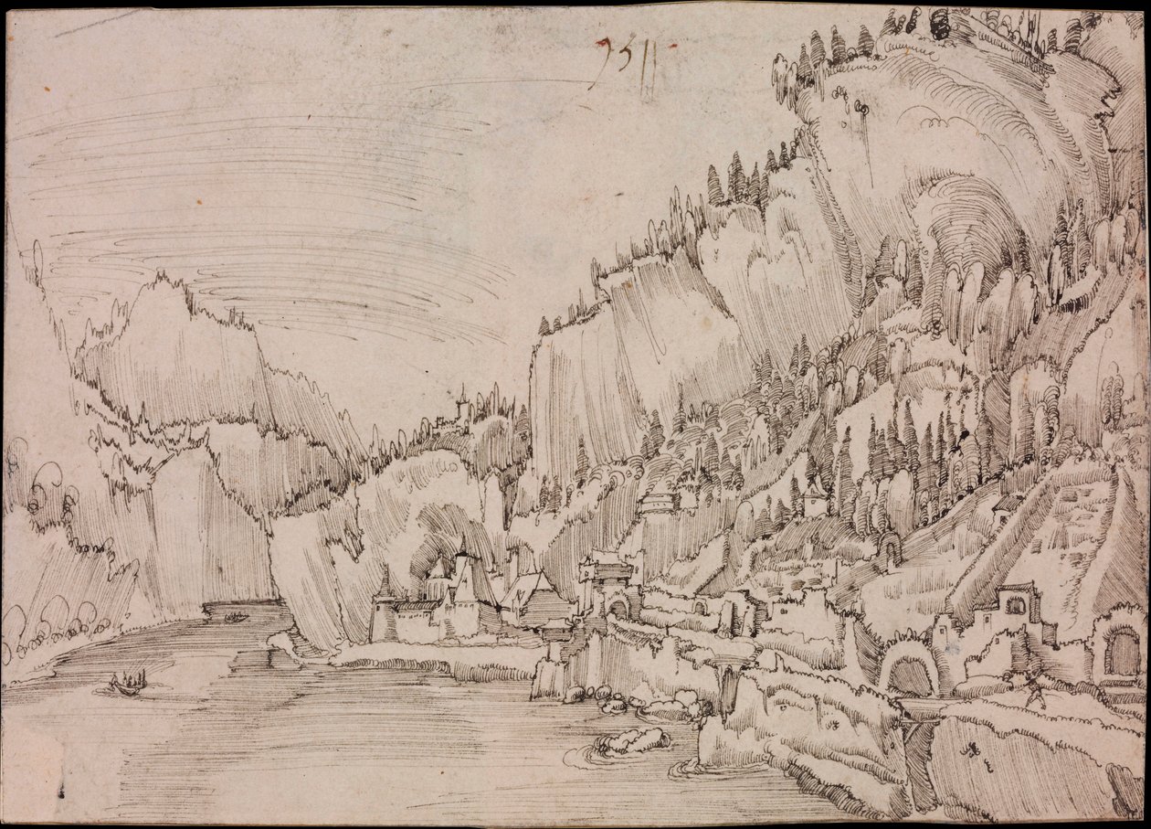 Vista de Sarmingstein no Danúbio (Áustria) - Desenho de Albrecht Altdorfer (por volta de 1480-1538) de Albrecht Altdorfer
