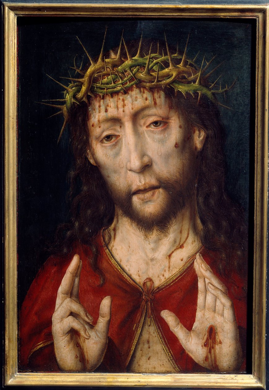 Cristo da dor. Rosto de Cristo em feridas de sangue pela coroa de espinhos com estigmas nas palmas das mãos. Pintura de Albrecht Bouts (v.1455-1549) Ec. Hol. de Albrecht Bouts