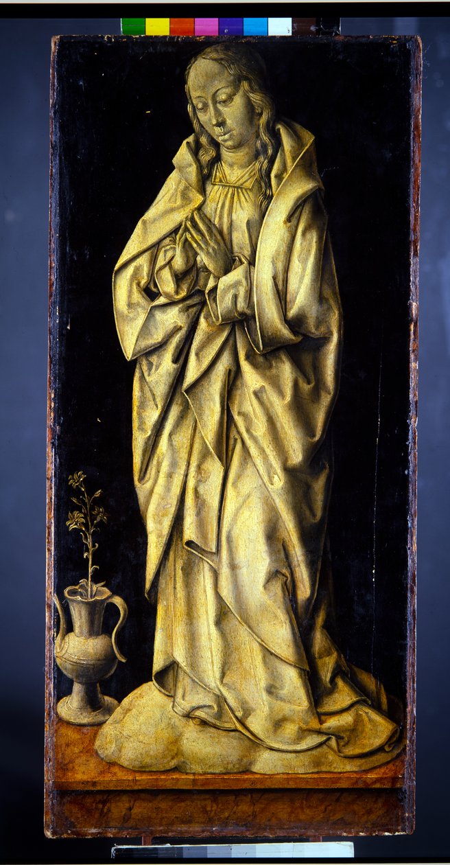 Antigas asas de um tríptico, um par, figuras femininas personificando a sabedoria e a generosidade, com a anunciação (painel; verso em grisaille) de Albrecht Bouts