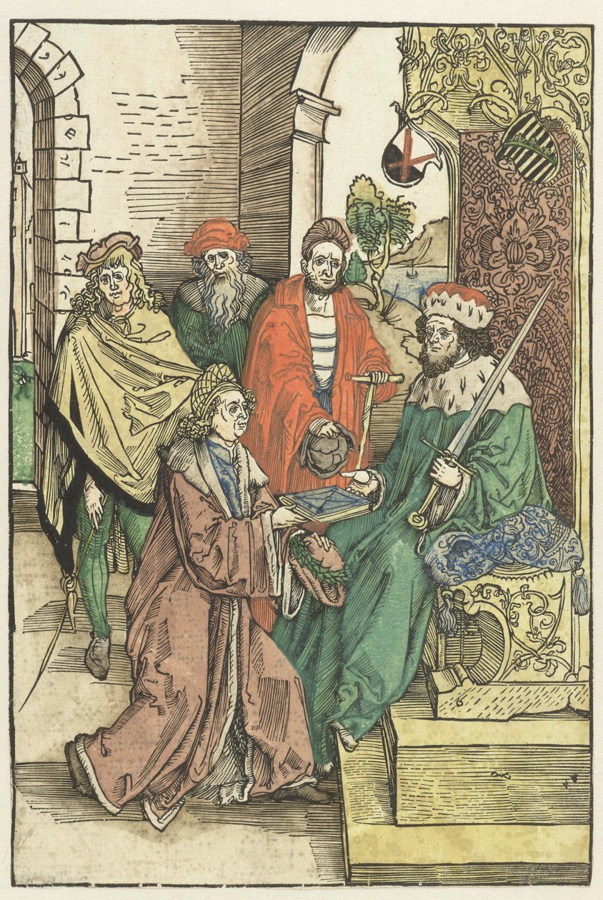 Conrad Celtis oferece a Frederico III, o Sábio, Eleitor da Saxônia, um livro da obra de Roswitha van Gandersheim de Albrecht Dürer (attributed to)