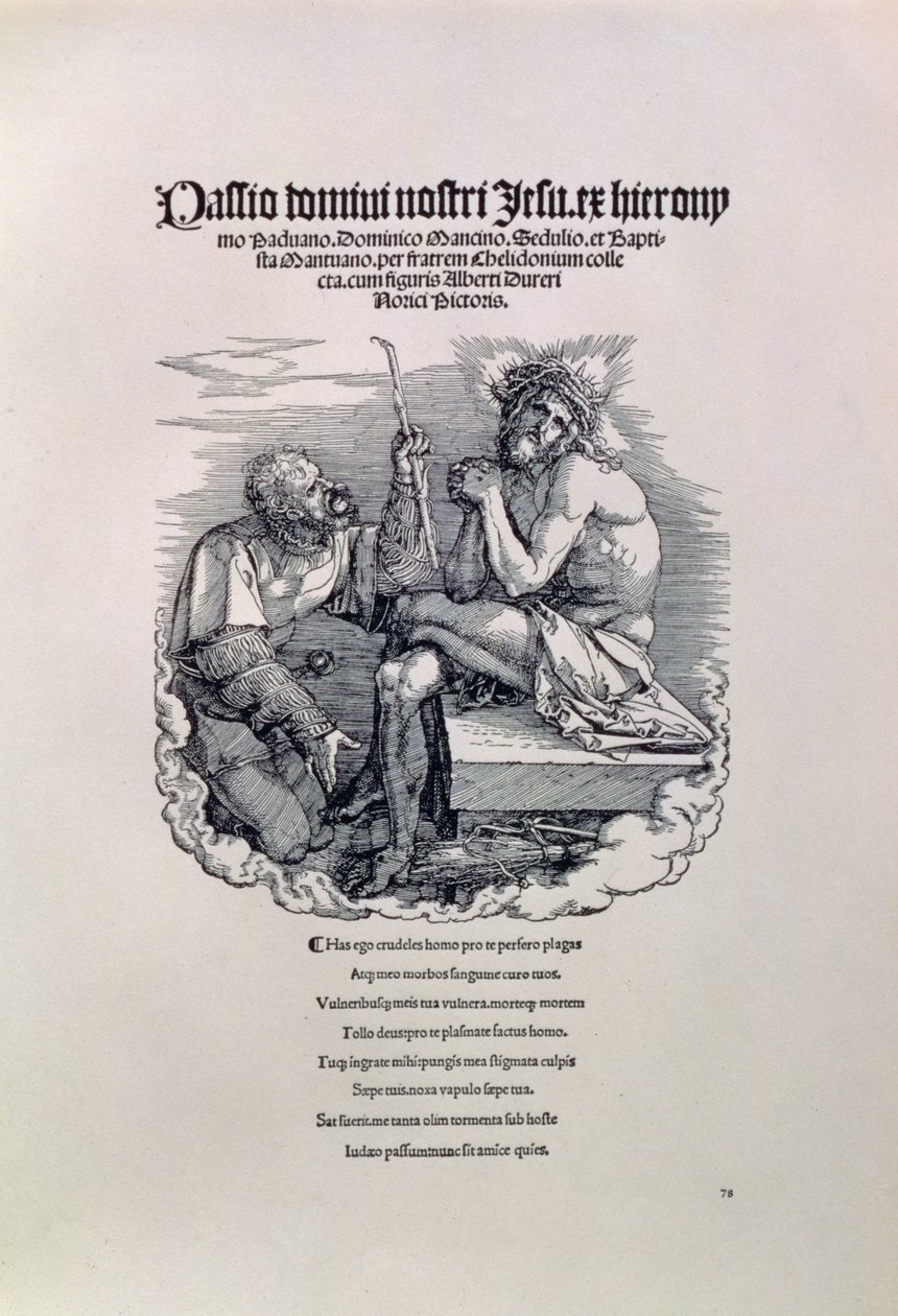 Um soldado romano zombando de Cristo, com o nome do artista em latim acima, e abaixo de um poema repreendendo o homem por seus pecados, título da série The Great Passion, pub. 1511 de Albrecht Dürer