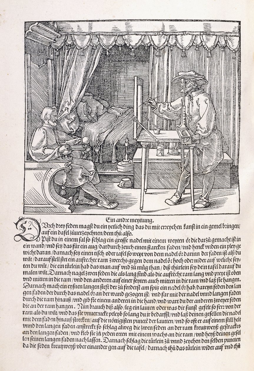 Um desenhista desenhando um retrato, usando uma moldura de desenho, 1525 de Albrecht Dürer