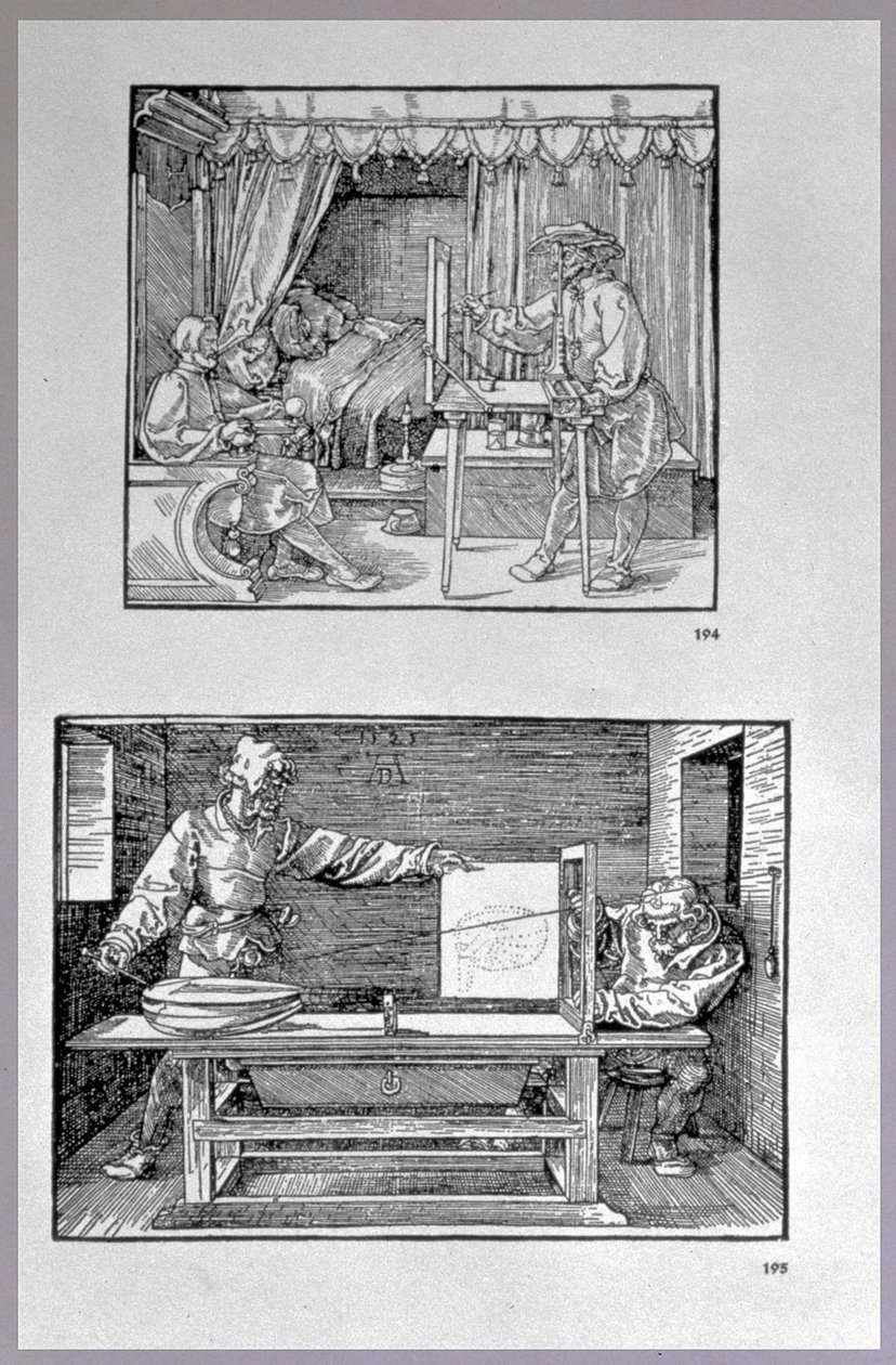 Aparelho para traduzir objetos tridimensionais em desenhos bidimensionais, duas cenas do primeiro livro técnico de artistas Introdução na Arte de Medição com Bússola e Régua, escrito de Albrecht Dürer