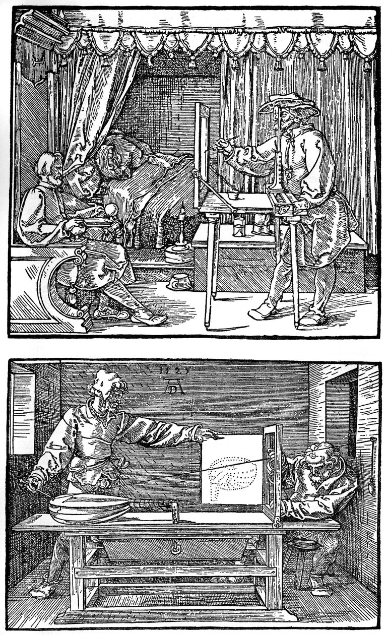 Aparelho para traduzir objetos tridimensionais em desenhos bidimensionais, 1525, 1936 de Albrecht Dürer