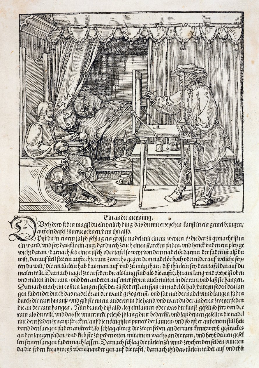 Artista usando a máquina de desenho de Durer para pintar uma figura, de &39;Curso na Arte do Desenho&39; de Albrecht Durer, publicado em Nuremberg 1525 (ver também 310983) de Albrecht Dürer