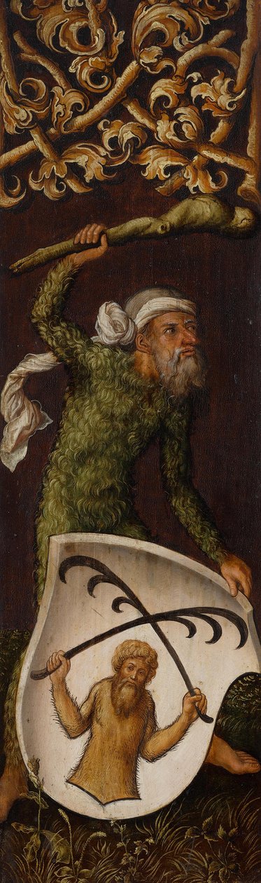 Tríptico de retrato de Oswolt Krel, painel esquerdo: «Homem selvagem» com o brasão de Oswolt Krel de Albrecht Dürer